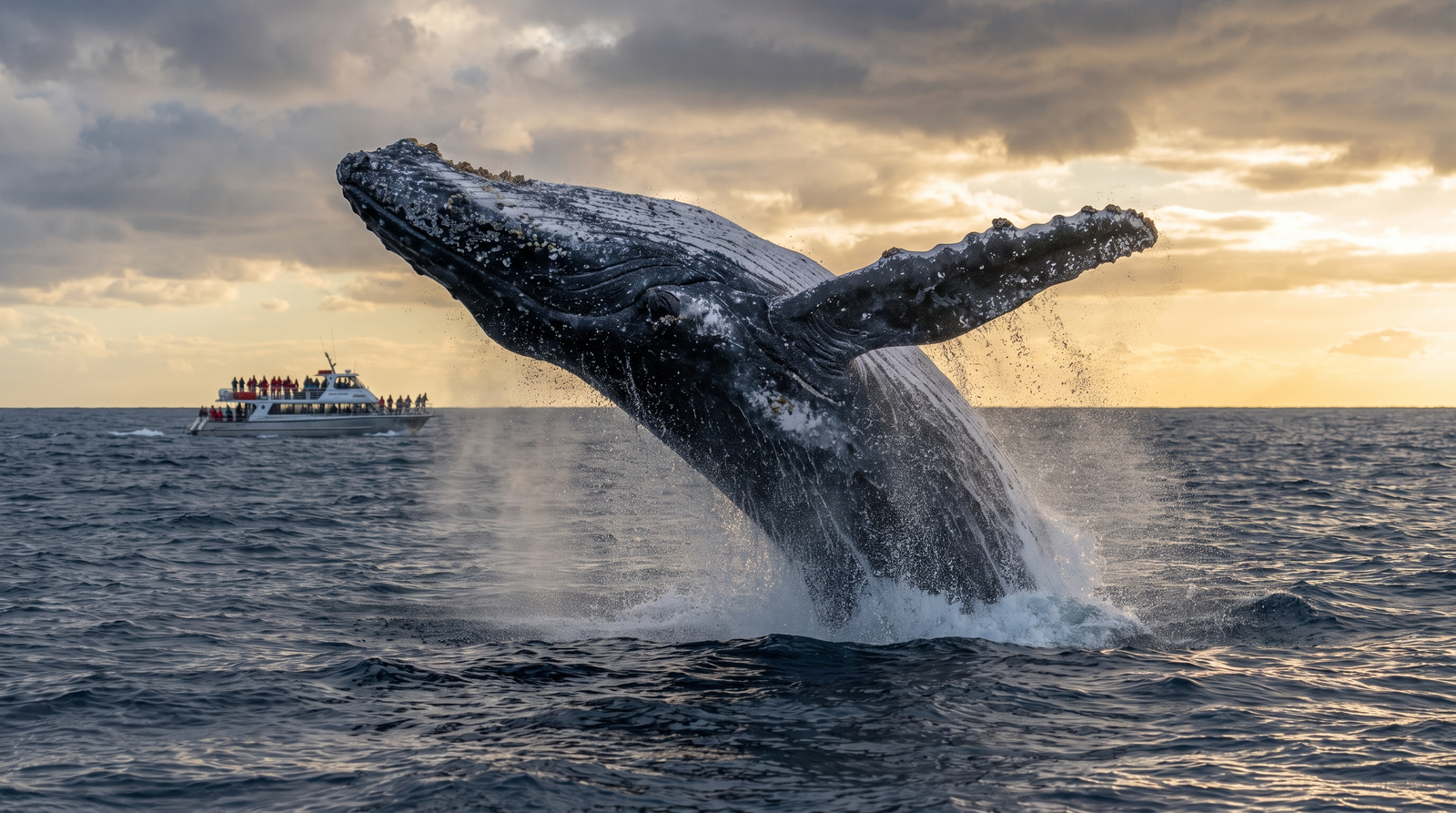 Tourists on a boat watching a humpback whale surface in Banderas Bay