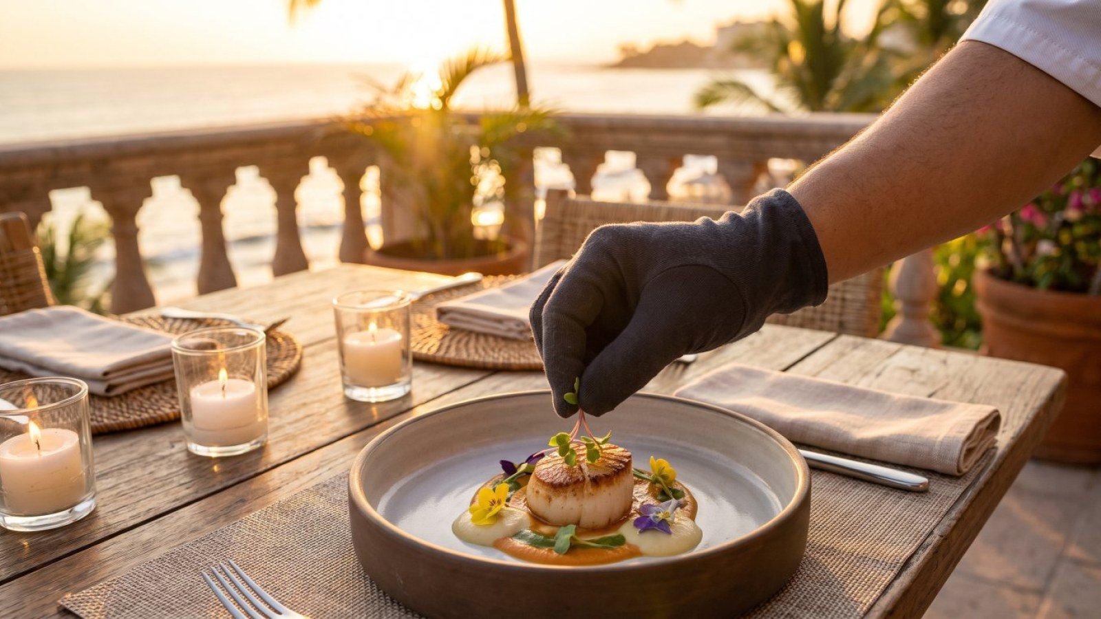 A private chef plating a seared scallop course on a candlelit terrace in Puerto Vallarta