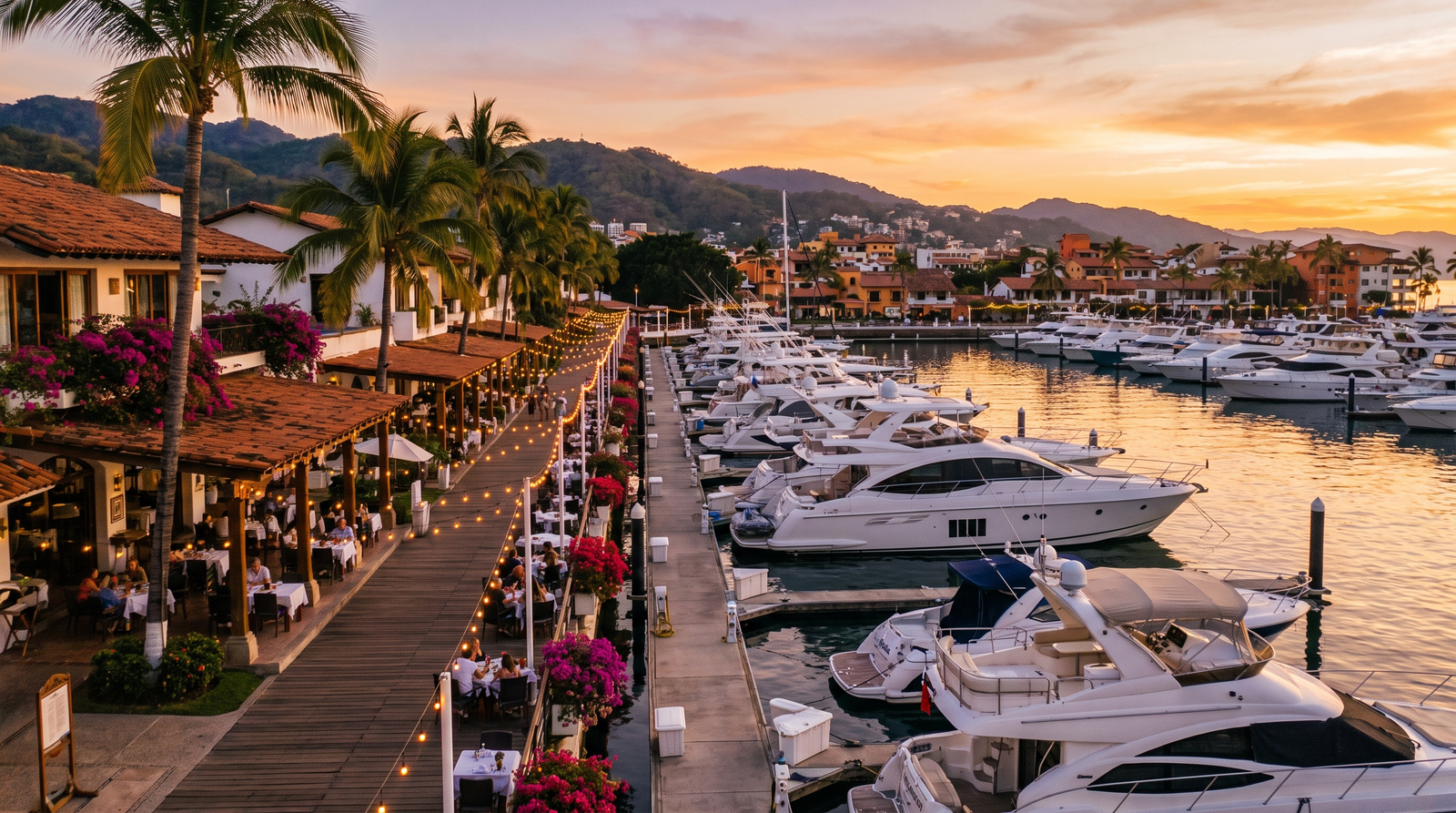 Seafood restaurant tables overlooking the docks in Marina Vallarta
