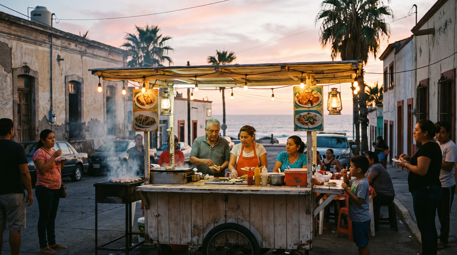 Taco stand with grilled meat and salsas in Puerto Vallarta